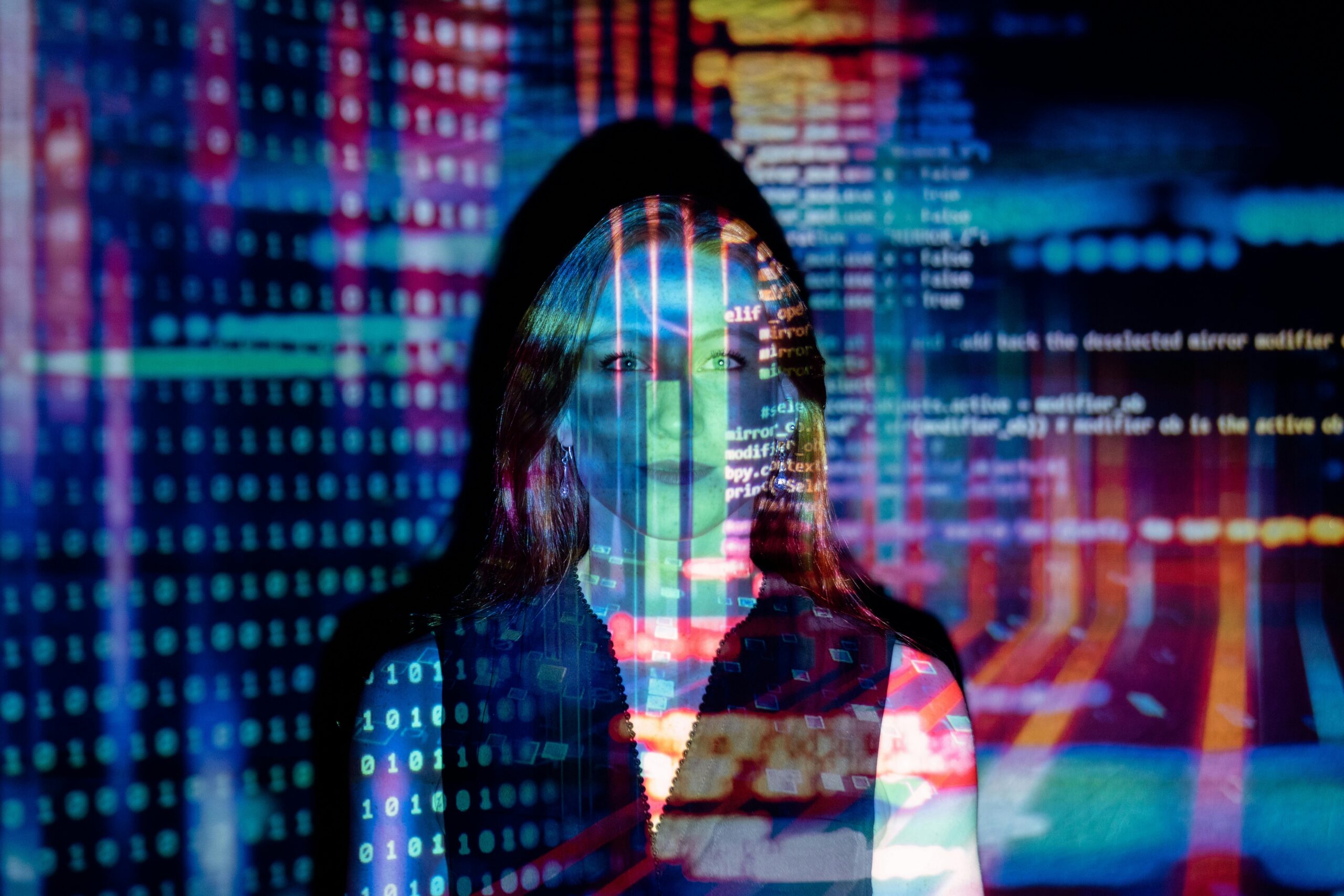 The Future of AI Conversations & Affiliate Marketing: Unlocking Growth with ChatGPT 1 A woman with digital code projections on her face, representing technology and future concepts.